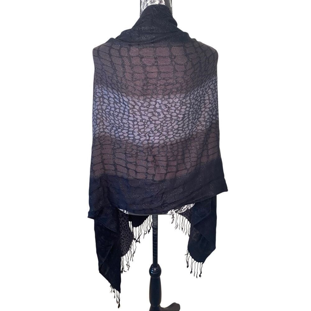 Black Gray Animal Print Lightweight Shawl Scarf Ombre Wrap Metallic Fringe - Picture 2 of 10